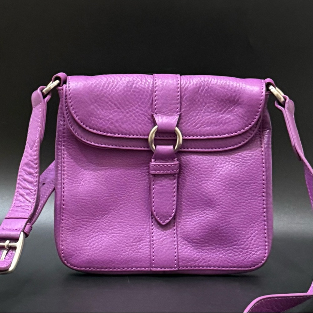 COLE HAAN Purple Pebbled Leather Flap Front Magnetic Clasp Crossbody Bag